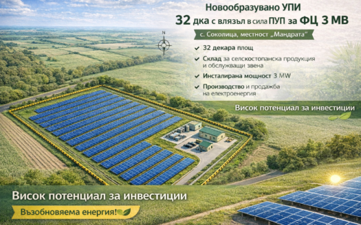 Новообразувано УПИ, 32 дка с влязъл в сила ПУП за ФЕЦ 3 MW с. Соколица, местност „Мандрата“