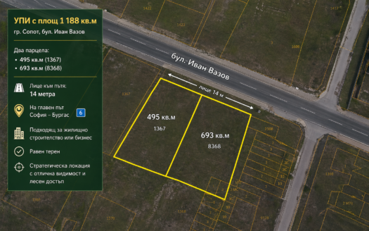 Продава УПИ с площ 1 188 кв. м на главен път София – Бургас, гр. Сопот